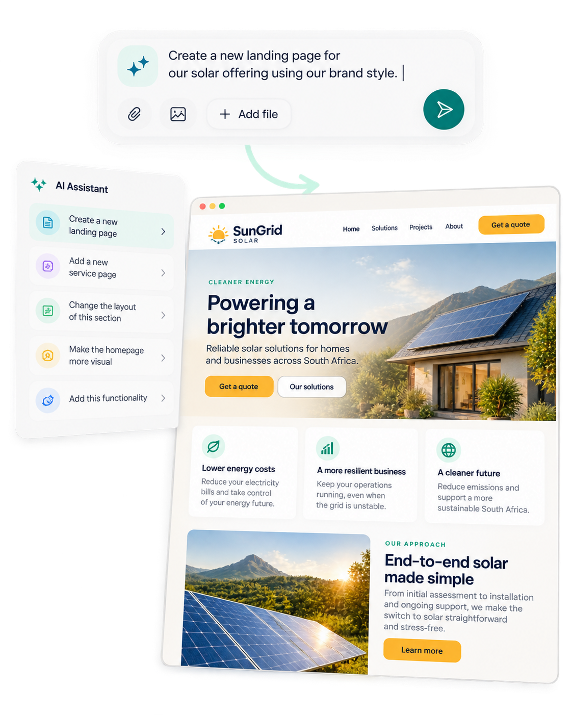 A prompt describing a new landing page and the finished modern website generated from it